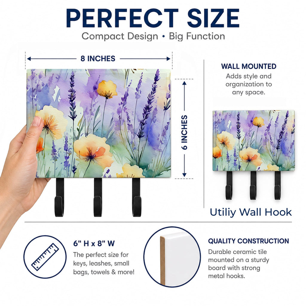 Lavender in Watercolor Leash or Key Holder Wall Hooks, Coat Rack Wall Mount, for Hanging Keys, Towels, Aprons, Leashes