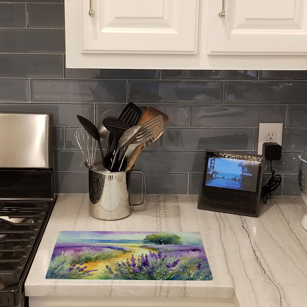 Lavender in Watercolor Cutting Board Tempered Glass Kitchen Cutting Surface, Heat Resistant Chopping, Non-Slip Feet, Food Prep & Serving