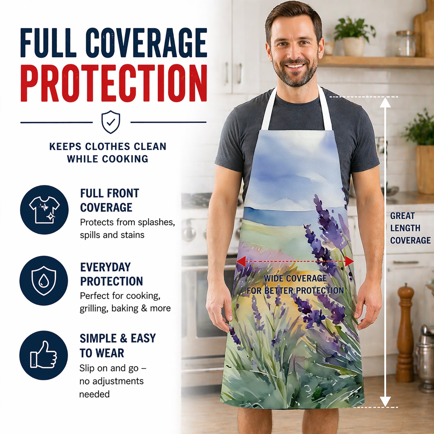 Lavender in Watercolor Apron Cooking Kitchen Server Baking Crafts Gardening for Adult Women Men, Unisex, Large, Multicolor