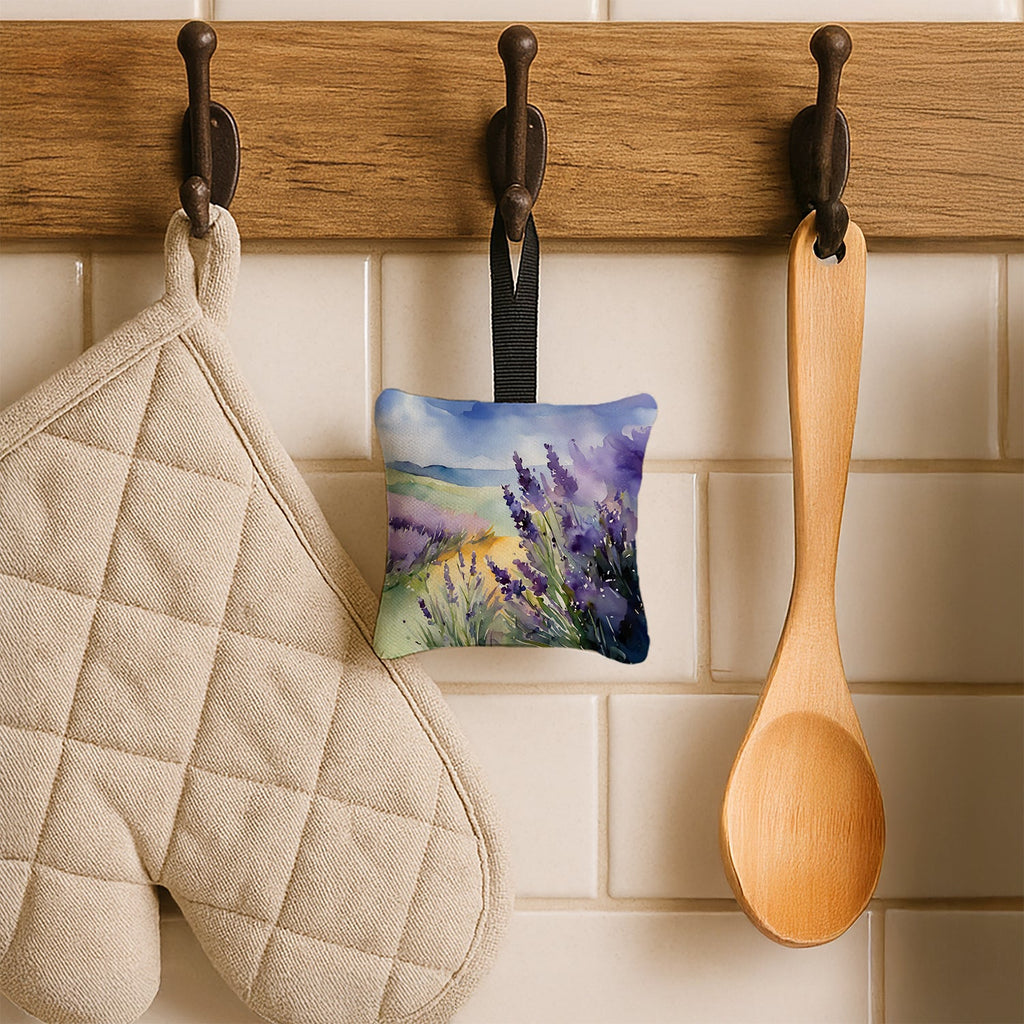 Lavender in Watercolor Hanging Square Fabric Ornament 3.5 × 3.5 Decorative Door-Knob & Tree Hanger, Soft Fabric