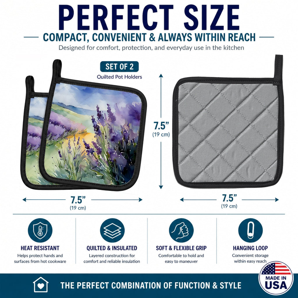 Lavender in Watercolor Pot Holder Set of 2 Heat Resistant Quilted Hot Pads 7.5 x 7.5 Inch, Insulated Kitchen Trivets for Cooking & Baking