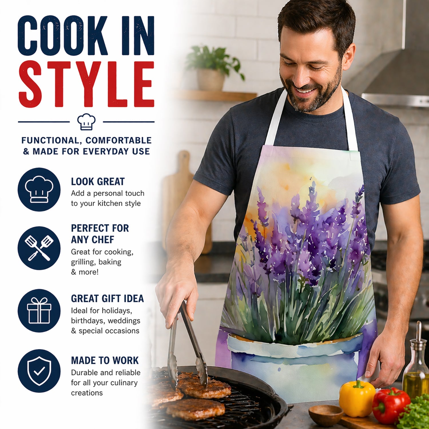 Lavender in Watercolor Apron Cooking Kitchen Server Baking Crafts Gardening for Adult Women Men, Unisex, Large, Multicolor