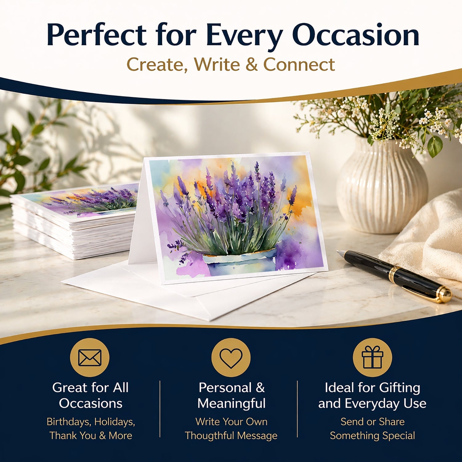Lavender in Watercolor Greeting Cards Pack of 8 Blank Cards with Envelopes Whimsical A7 Size 5x7