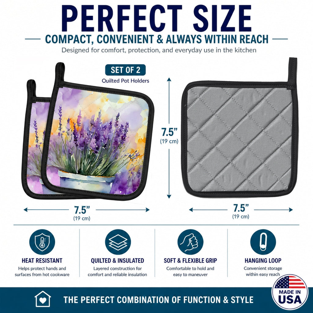 Lavender in Watercolor Pot Holder Set of 2 Heat Resistant Quilted Hot Pads 7.5 x 7.5 Inch, Insulated Kitchen Trivets for Cooking & Baking