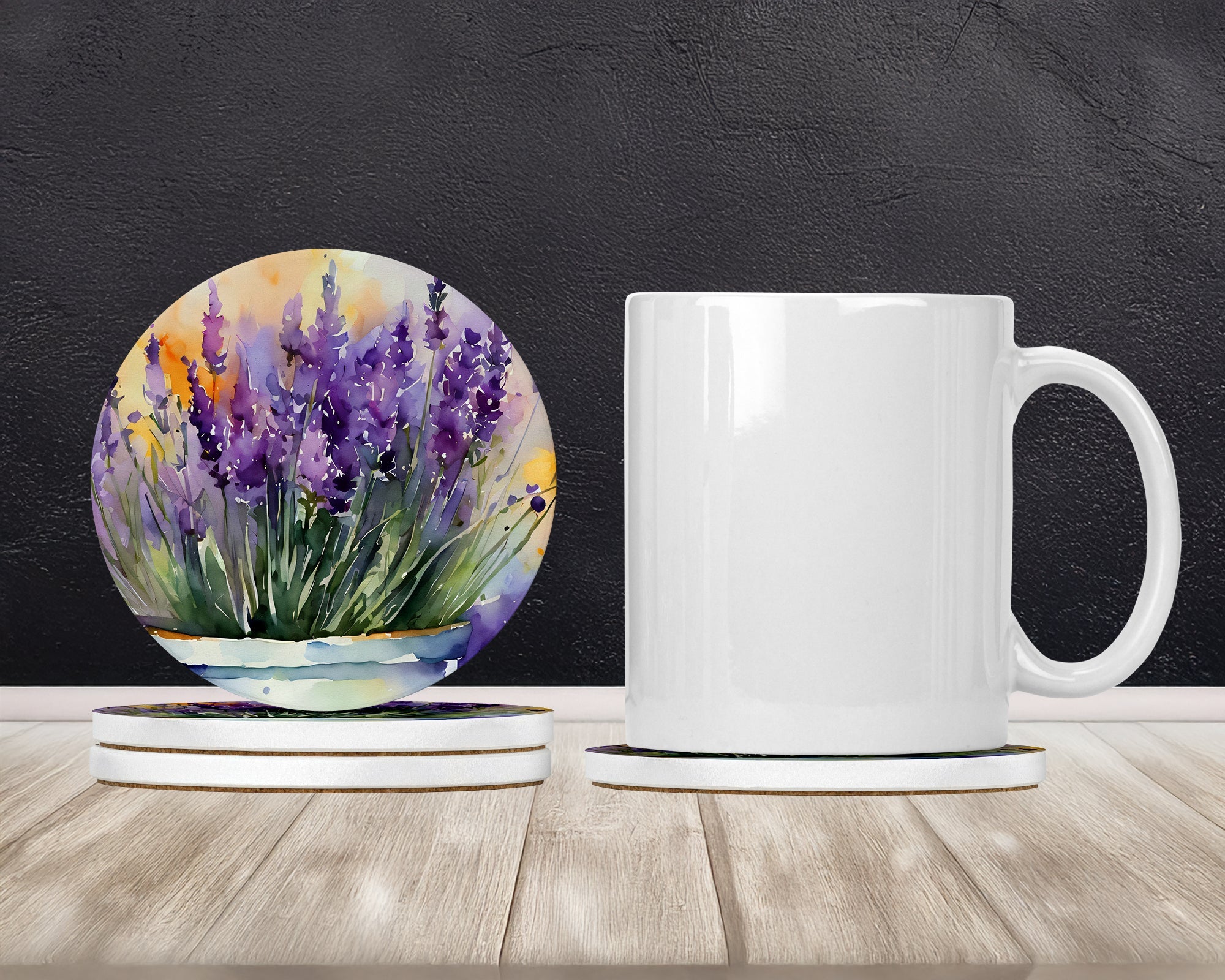 Lavender in Watercolor Large Sandstone Coasters Pack of 4 Absorbent Round Coasters Decor Gifts for Men or Women, 4 in, Multicolor