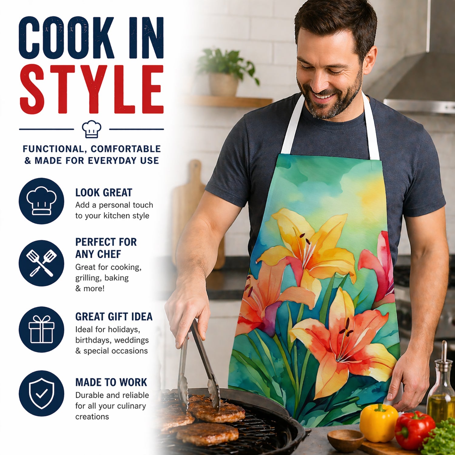 Lilies in Watercolor Apron Cooking Kitchen Server Baking Crafts Gardening for Adult Women Men, Unisex, Large, Multicolor