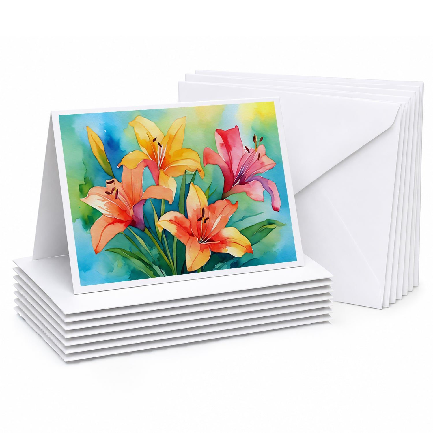 Lilies in Watercolor Greeting Cards Pack of 8 Blank Cards with Envelopes Whimsical A7 Size 5x7
