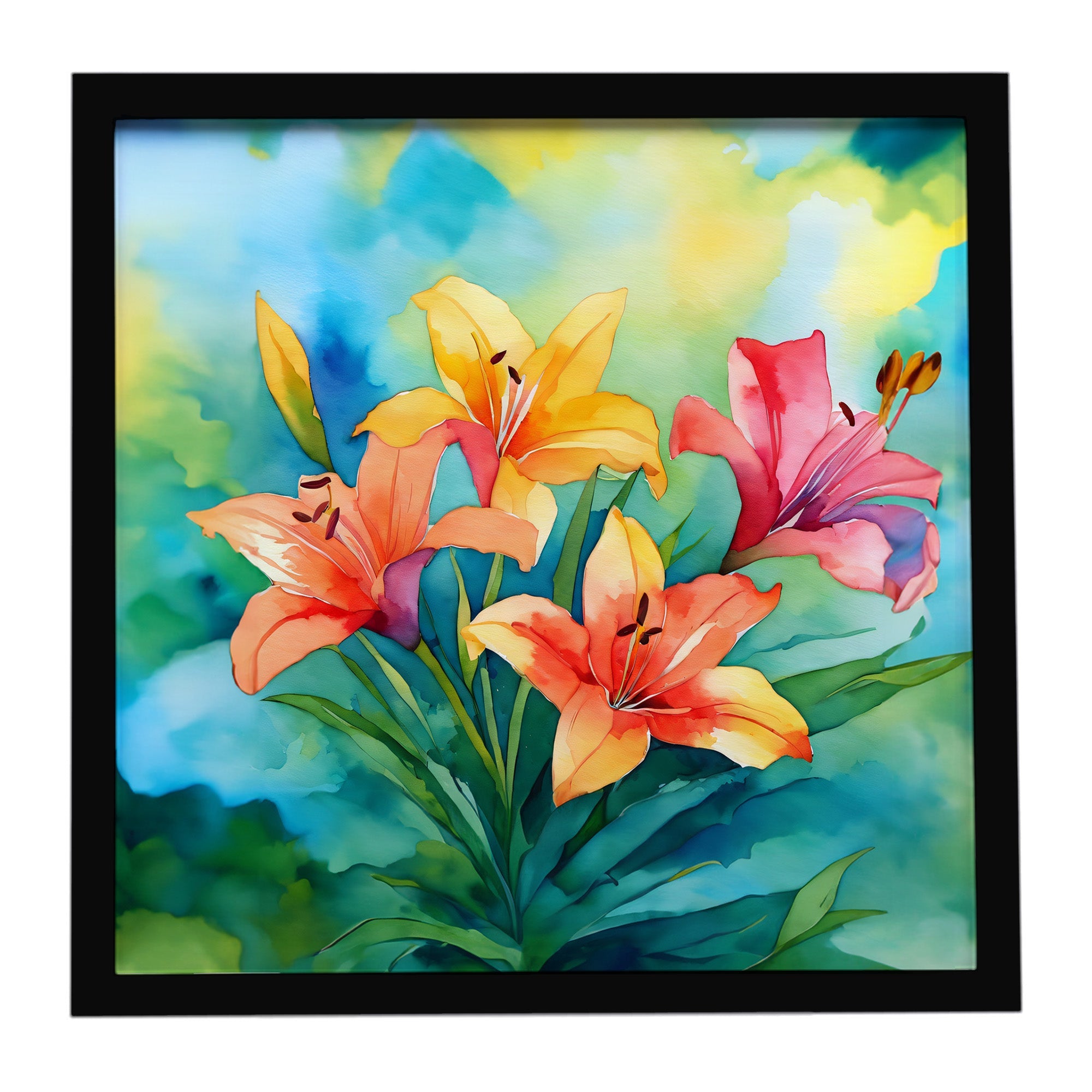 Lilies in Watercolor Framed Metal Print Bathroom, Kitchen, Office, Home Decor Wall Art Ready to Hang, Square, 8X8