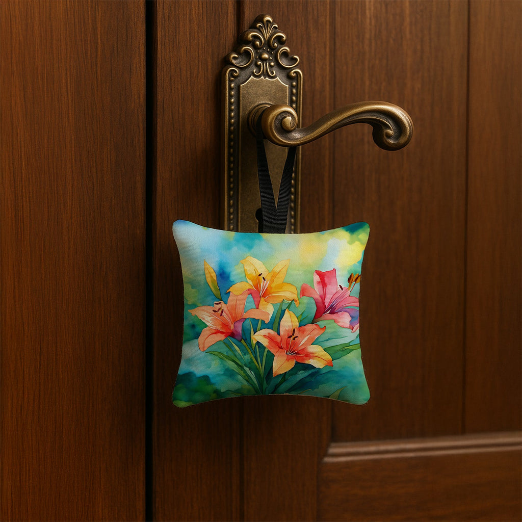 Lilies in Watercolor Hanging Square Fabric Ornament 3.5 × 3.5 Decorative Door-Knob & Tree Hanger, Soft Fabric
