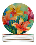 Lilies in Watercolor Large Sandstone Coasters Pack of 4 Absorbent Round Coasters Decor Gifts for Men or Women, 4 in, Multicolor