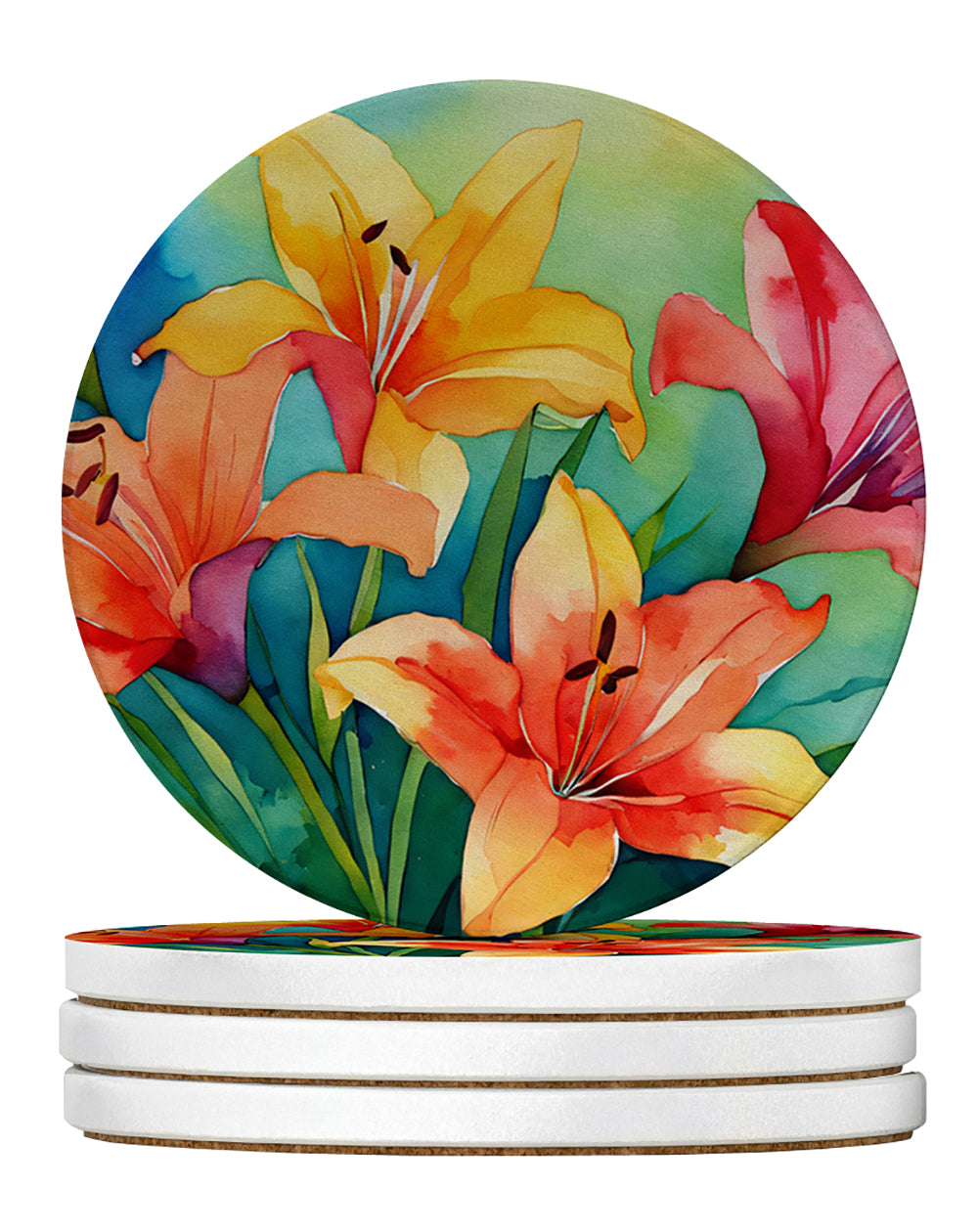 Lilies in Watercolor Large Sandstone Coasters Pack of 4 Absorbent Round Coasters Decor Gifts for Men or Women, 4 in, Multicolor