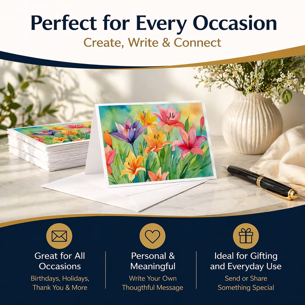 Lilies in Watercolor Greeting Cards Pack of 8 Blank Cards with Envelopes Whimsical A7 Size 5x7