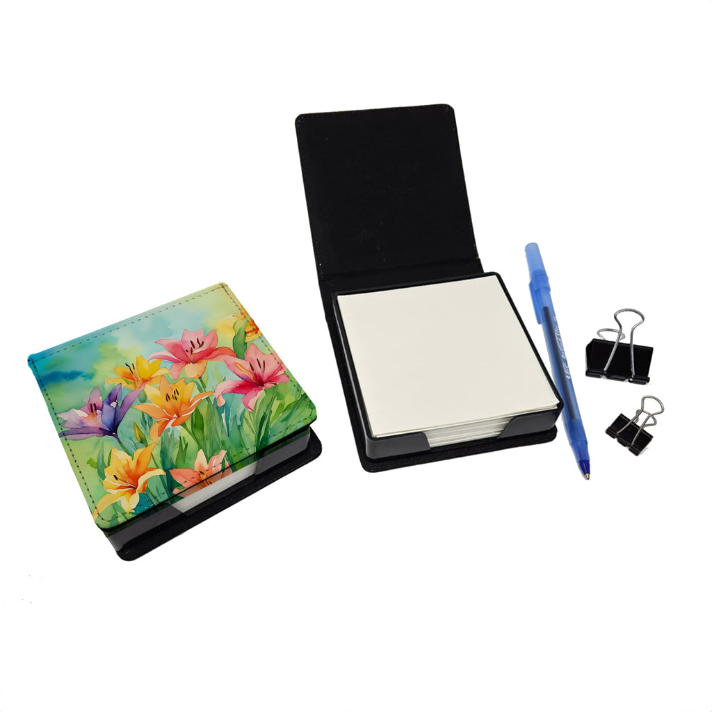 Lilies in Watercolor PU Leather Note Paper Holder with Artist-Designed Cover, Desk Accessory, Office Gift