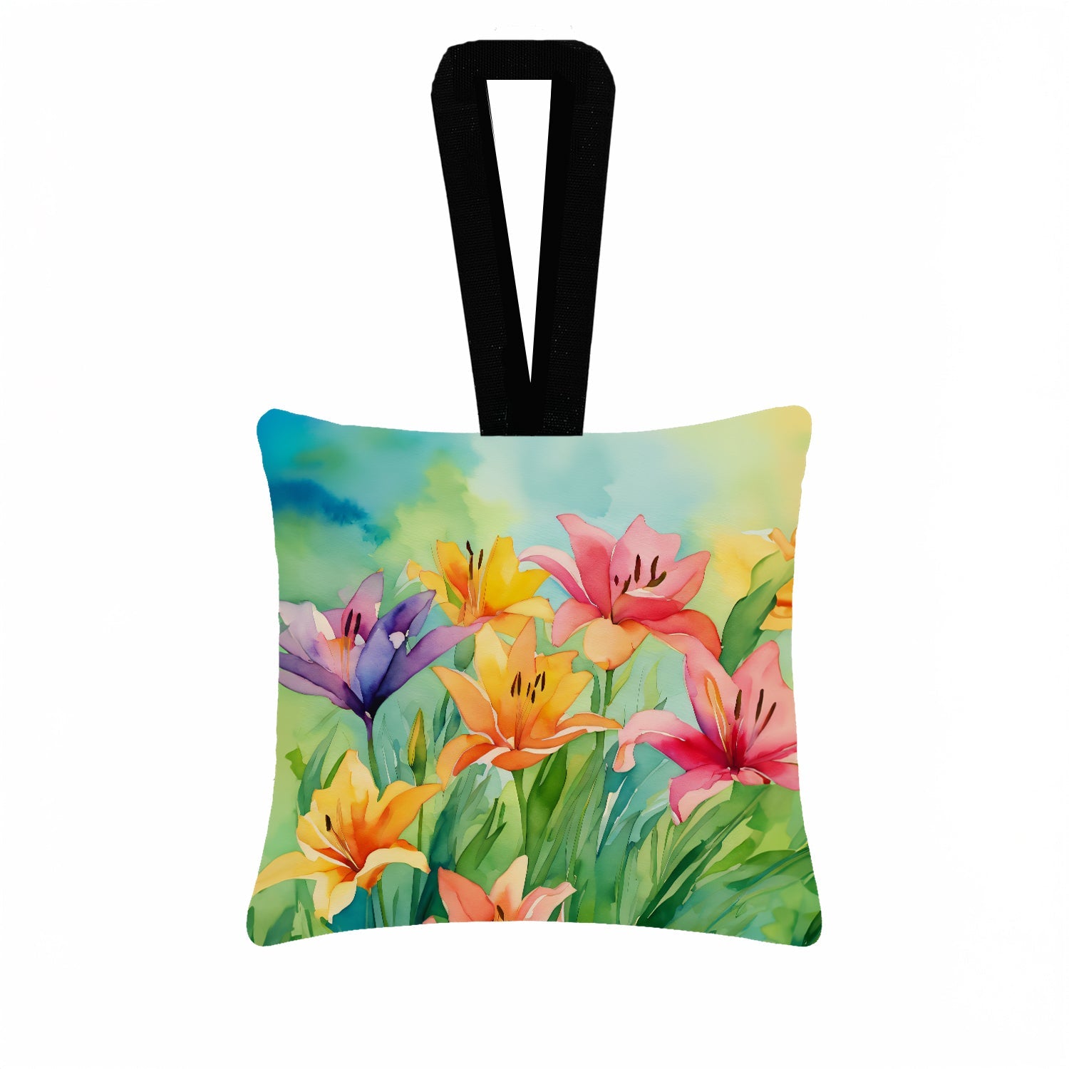 Lilies in Watercolor Hanging Square Fabric Ornament 3.5 × 3.5 Decorative Door-Knob & Tree Hanger, Soft Fabric