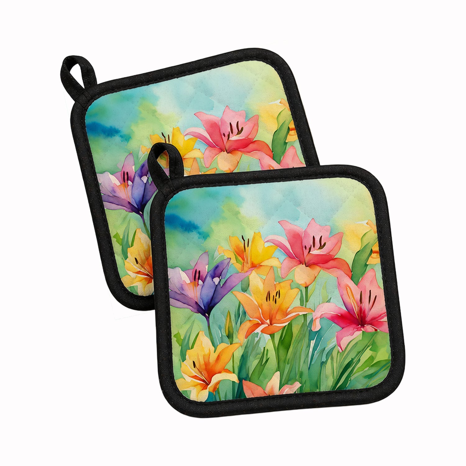 Lilies in Watercolor Pot Holder Set of 2 Heat Resistant Quilted Hot Pads 7.5 x 7.5 Inch, Insulated Kitchen Trivets for Cooking & Baking