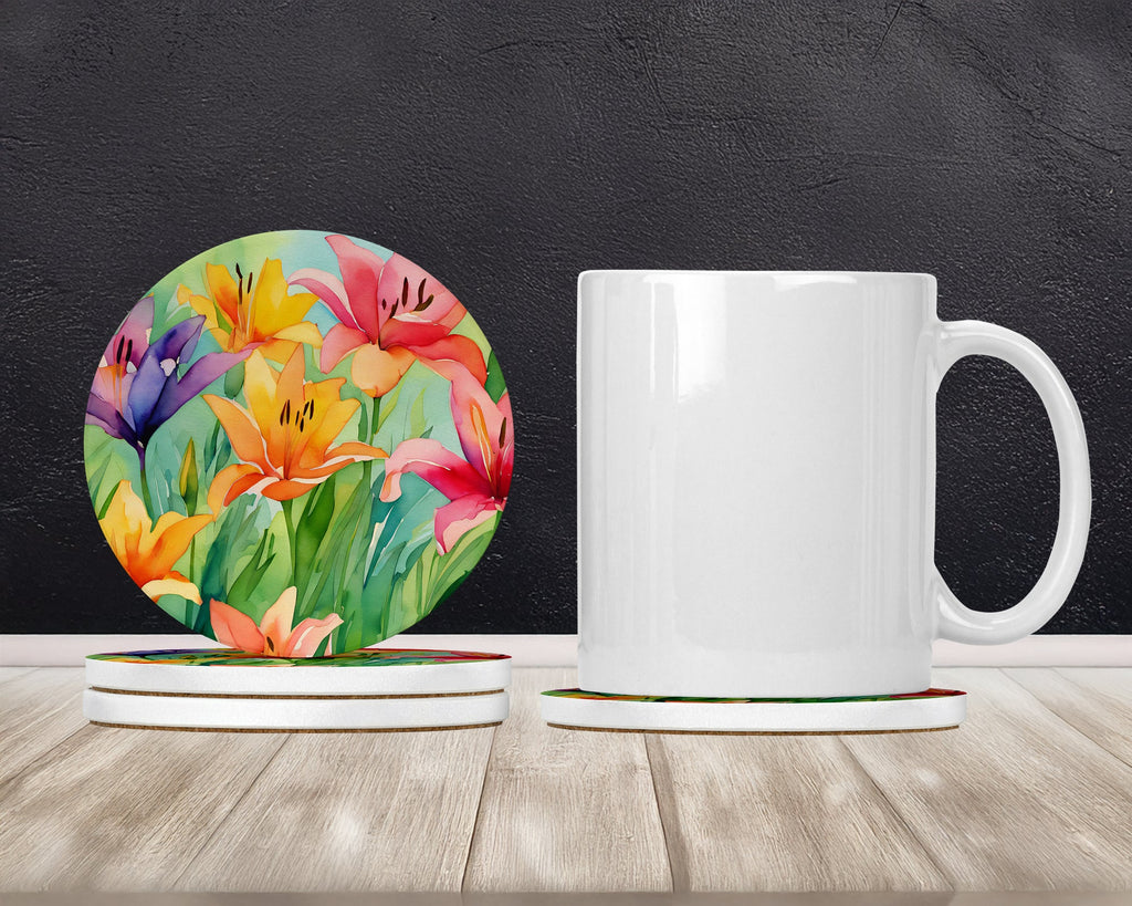 Lilies in Watercolor Large Sandstone Coasters Pack of 4 Absorbent Round Coasters Decor Gifts for Men or Women, 4 in, Multicolor