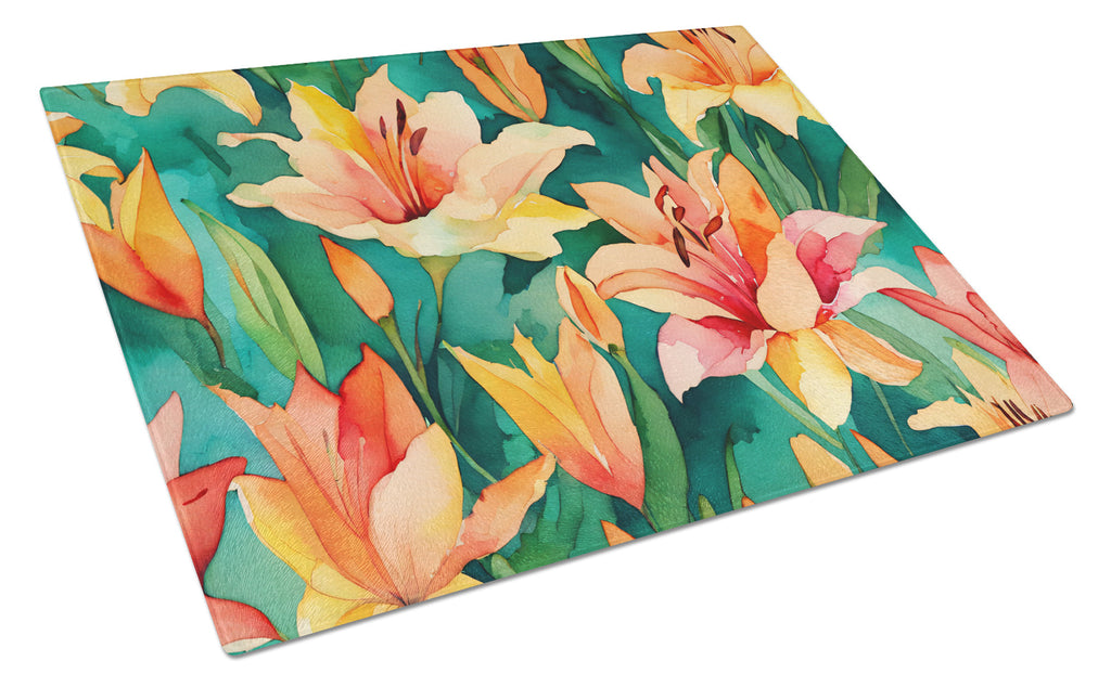 Lilies in Watercolor Cutting Board Tempered Glass Kitchen Cutting Surface, Heat Resistant Chopping, Non-Slip Feet, Food Prep & Serving
