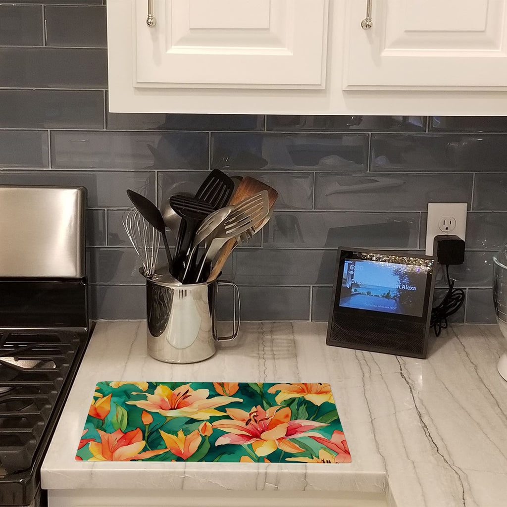Lilies in Watercolor Cutting Board Tempered Glass Kitchen Cutting Surface, Heat Resistant Chopping, Non-Slip Feet, Food Prep & Serving