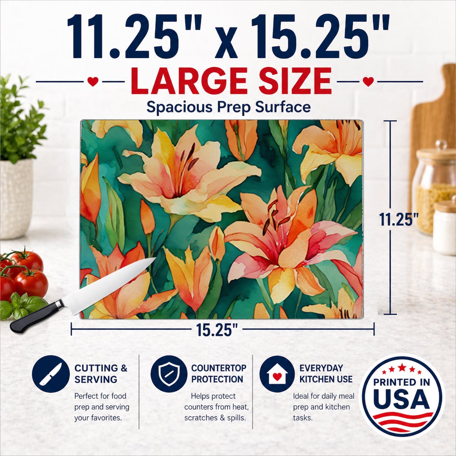Lilies in Watercolor Cutting Board Tempered Glass Kitchen Cutting Surface, Heat Resistant Chopping, Non-Slip Feet, Food Prep & Serving