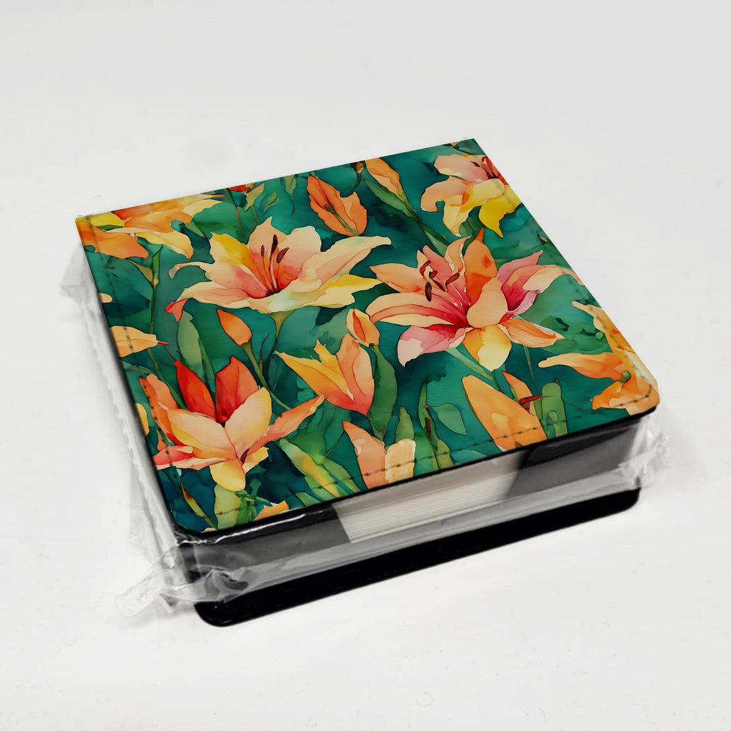 Lilies in Watercolor PU Leather Note Paper Holder with Artist-Designed Cover, Desk Accessory, Office Gift