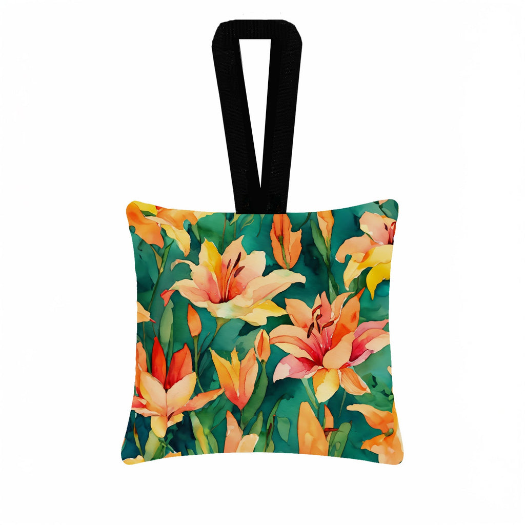 Lilies in Watercolor Hanging Square Fabric Ornament 3.5 × 3.5 Decorative Door-Knob & Tree Hanger, Soft Fabric