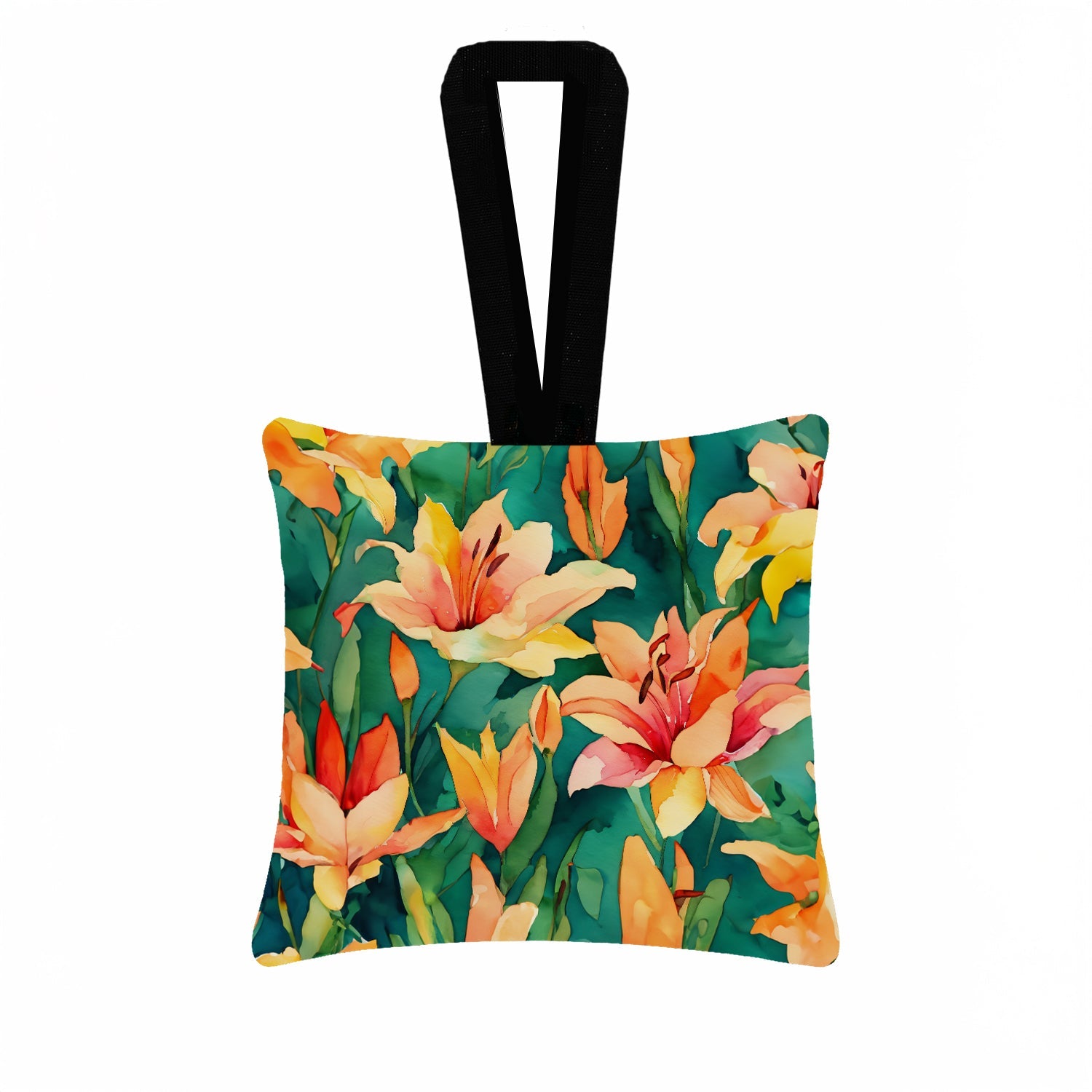 Lilies in Watercolor Hanging Square Fabric Ornament 3.5 × 3.5 Decorative Door-Knob & Tree Hanger, Soft Fabric