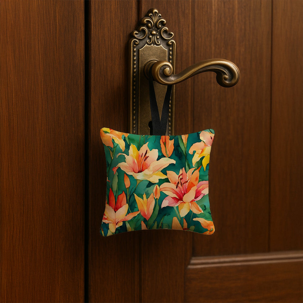 Lilies in Watercolor Hanging Square Fabric Ornament 3.5 × 3.5 Decorative Door-Knob & Tree Hanger, Soft Fabric