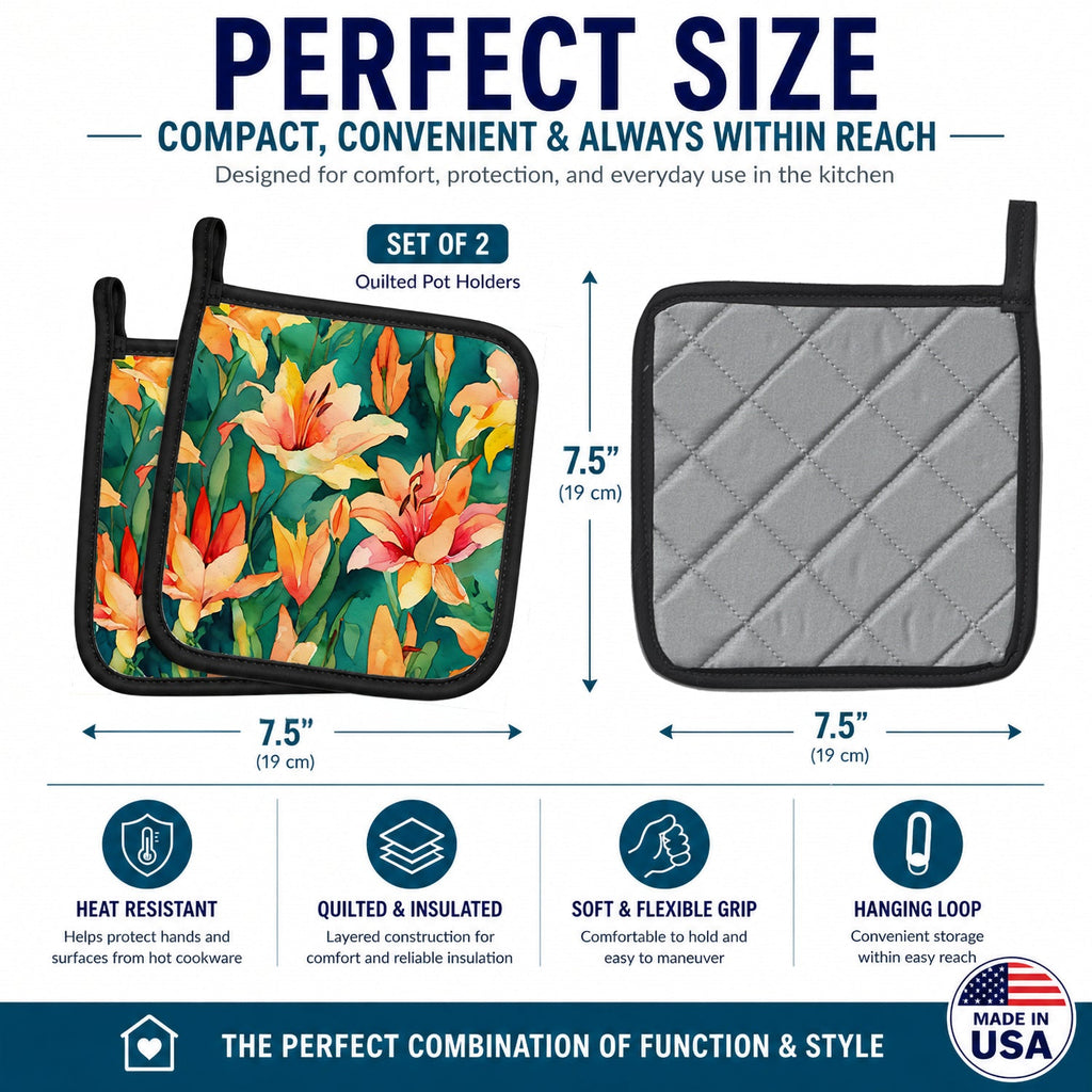 Lilies in Watercolor Pot Holder Set of 2 Heat Resistant Quilted Hot Pads 7.5 x 7.5 Inch, Insulated Kitchen Trivets for Cooking & Baking