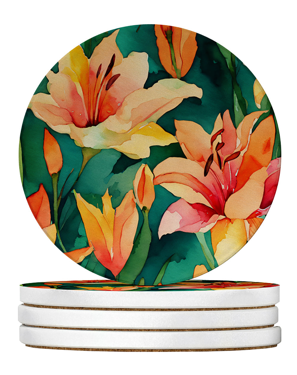Lilies in Watercolor Large Sandstone Coasters Pack of 4 Absorbent Round Coasters Decor Gifts for Men or Women, 4 in, Multicolor