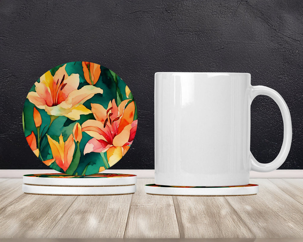 Lilies in Watercolor Large Sandstone Coasters Pack of 4 Absorbent Round Coasters Decor Gifts for Men or Women, 4 in, Multicolor