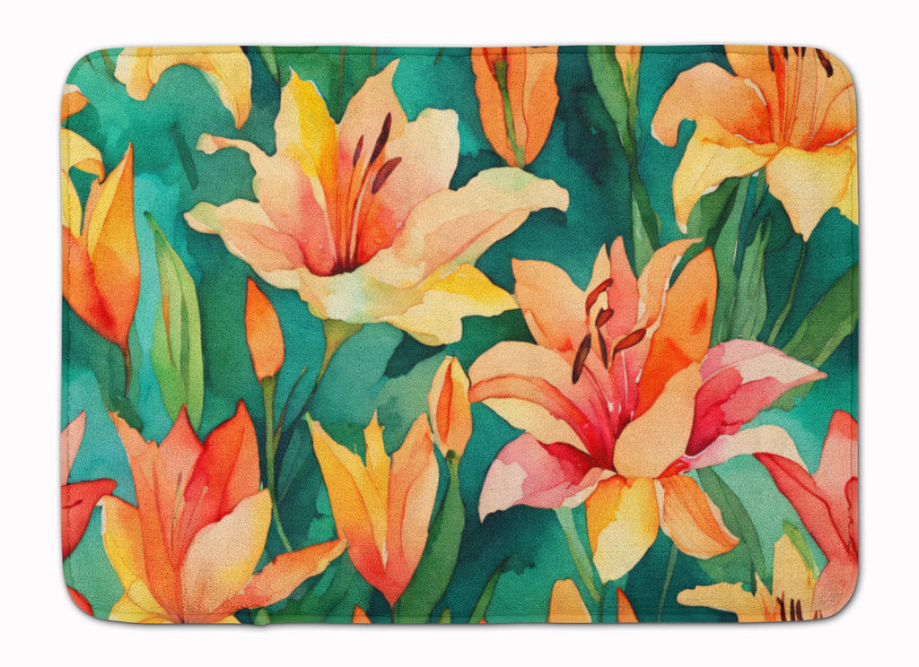 Lilies in Watercolor Memory Foam Kitchen Mat Machine Washable Anti-Fatigue Cushion Comfort Bath or Kitchen Rug