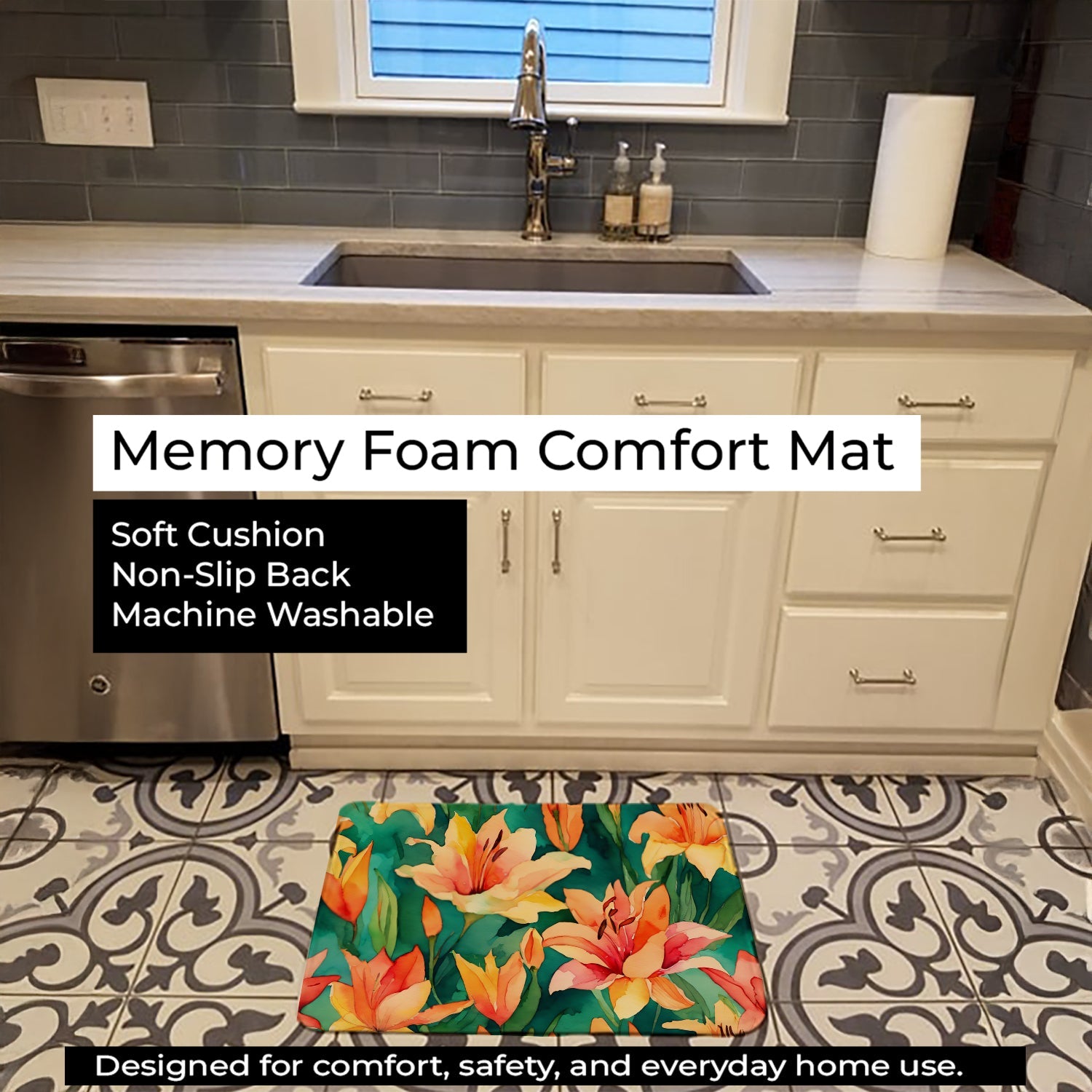 Lilies in Watercolor Memory Foam Kitchen Mat Machine Washable Anti-Fatigue Cushion Comfort Bath or Kitchen Rug