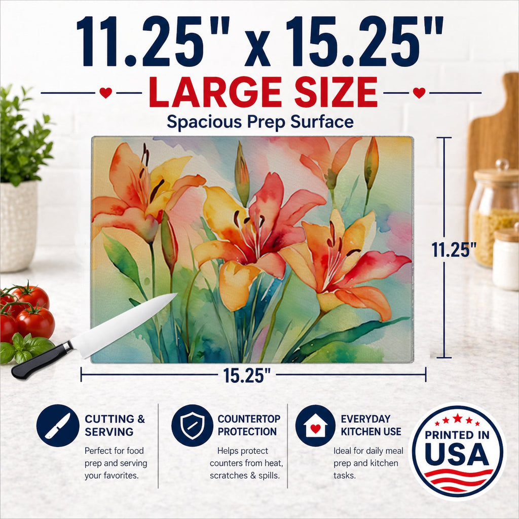 Lilies in Watercolor Cutting Board Tempered Glass Kitchen Cutting Surface, Heat Resistant Chopping, Non-Slip Feet, Food Prep & Serving