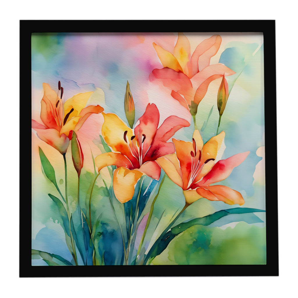Lilies in Watercolor Framed Metal Print Bathroom, Kitchen, Office, Home Decor Wall Art Ready to Hang, Square, 8X8