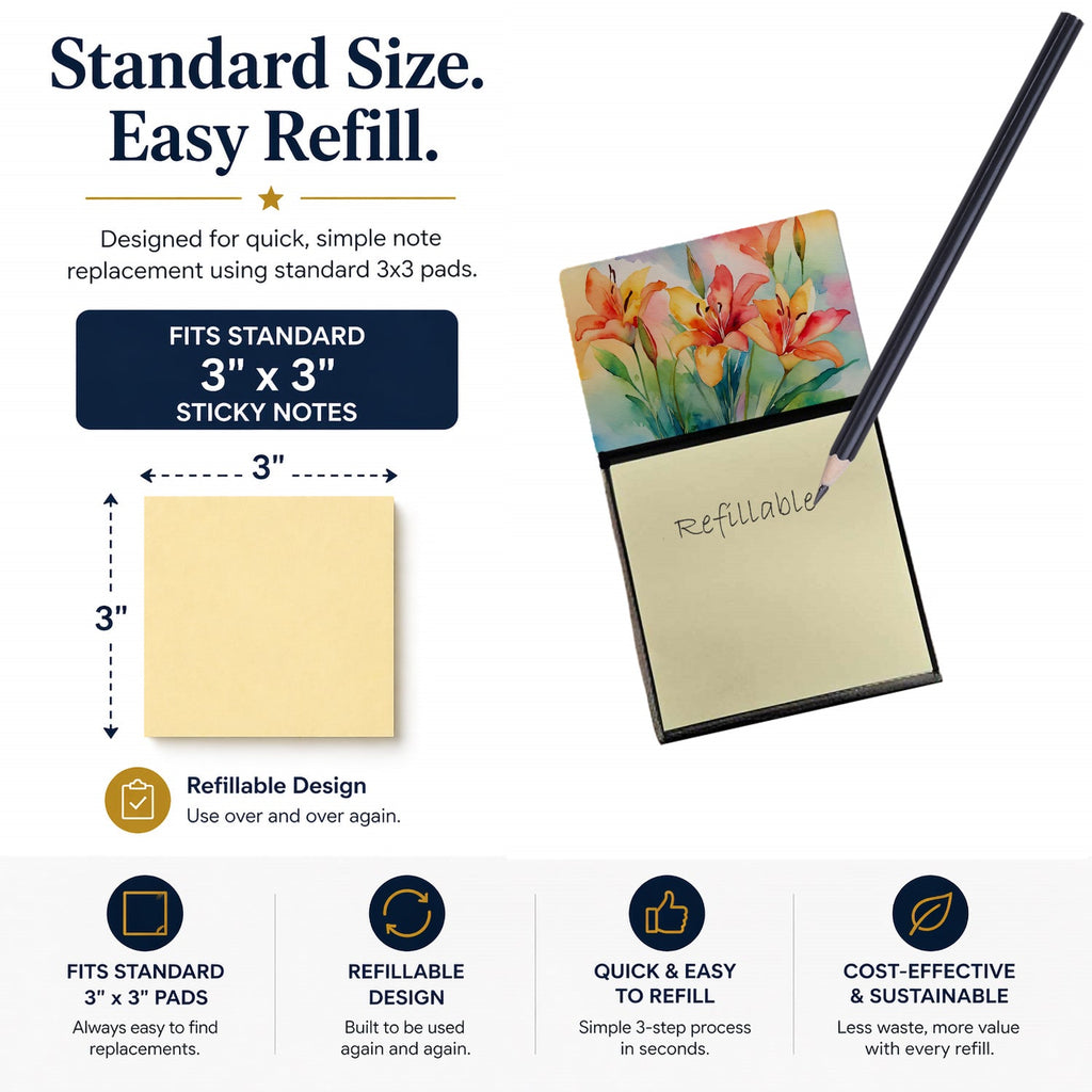 Lilies in Watercolor Watercolor Sticky Note Holder Refillable Dispenser Desk Accessory 3x3 Pad Gift