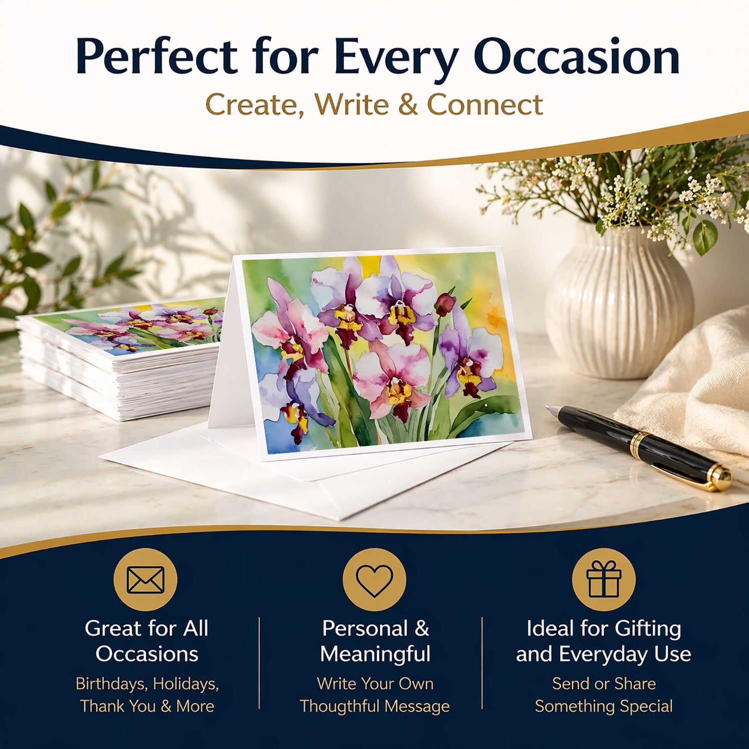 Orchids in Watercolor Greeting Cards Pack of 8 Blank Cards with Envelopes Whimsical A7 Size 5x7