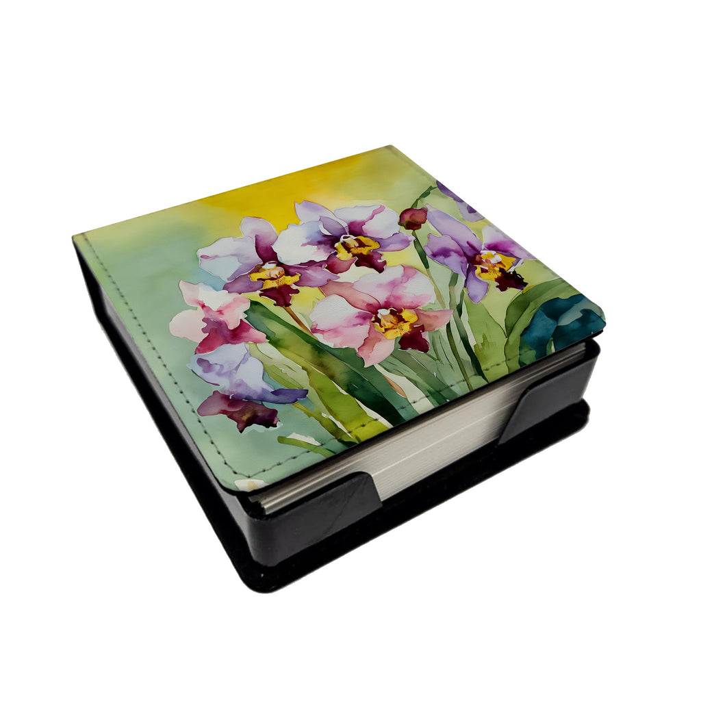 Orchids in Watercolor PU Leather Note Paper Holder with Artist-Designed Cover, Desk Accessory, Office Gift