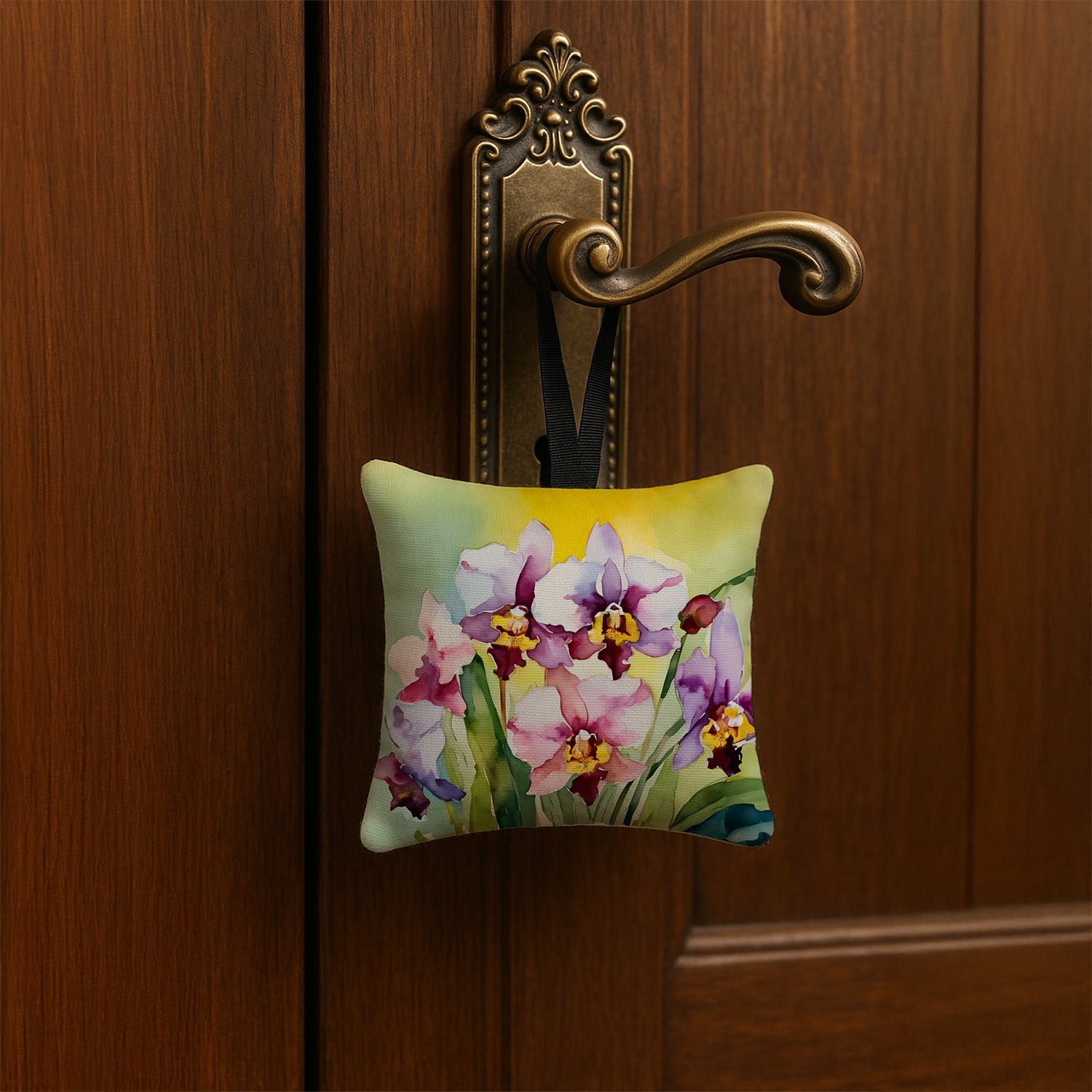 Orchids in Watercolor Hanging Square Fabric Ornament 3.5 × 3.5 Decorative Door-Knob & Tree Hanger, Soft Fabric