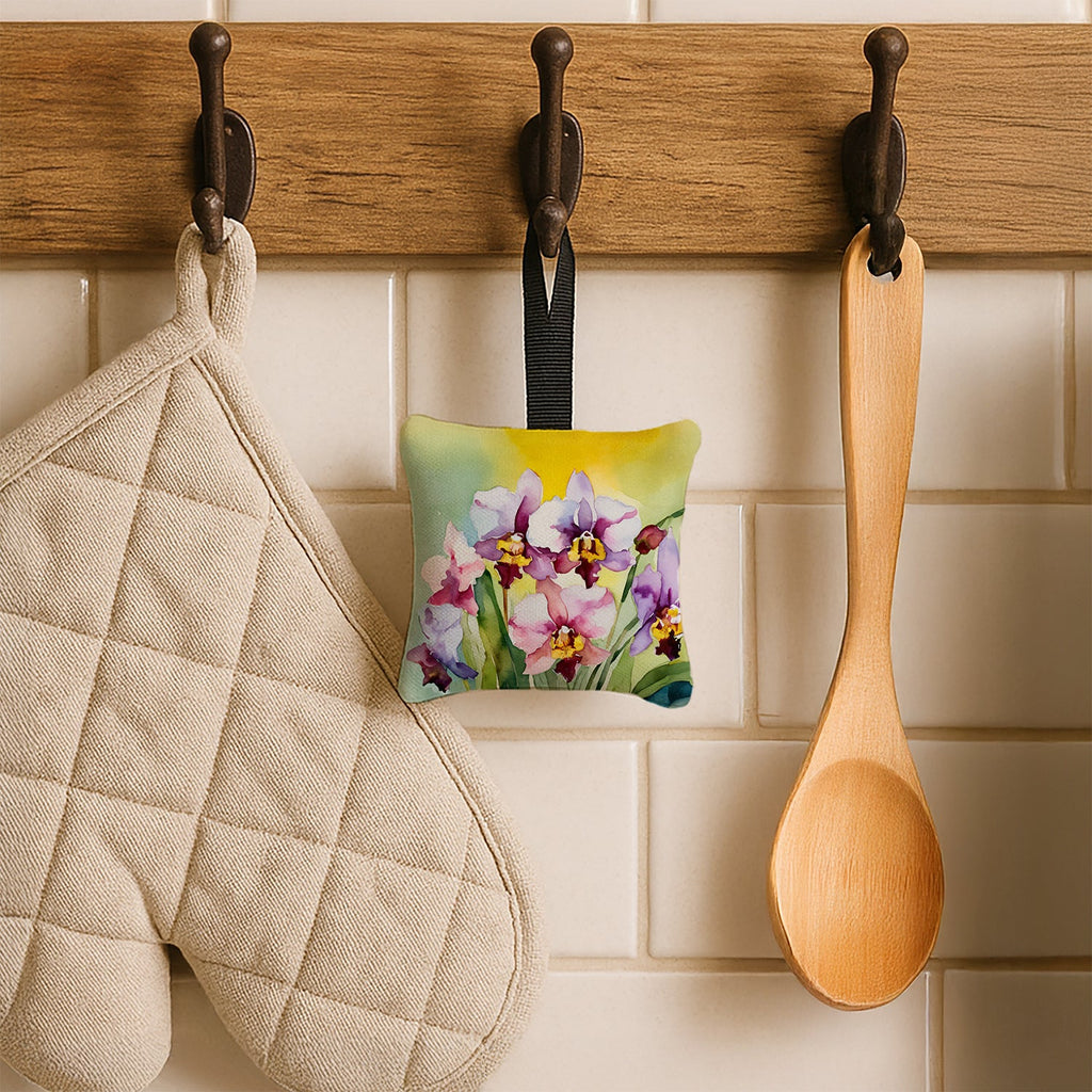 Orchids in Watercolor Hanging Square Fabric Ornament 3.5 × 3.5 Decorative Door-Knob & Tree Hanger, Soft Fabric