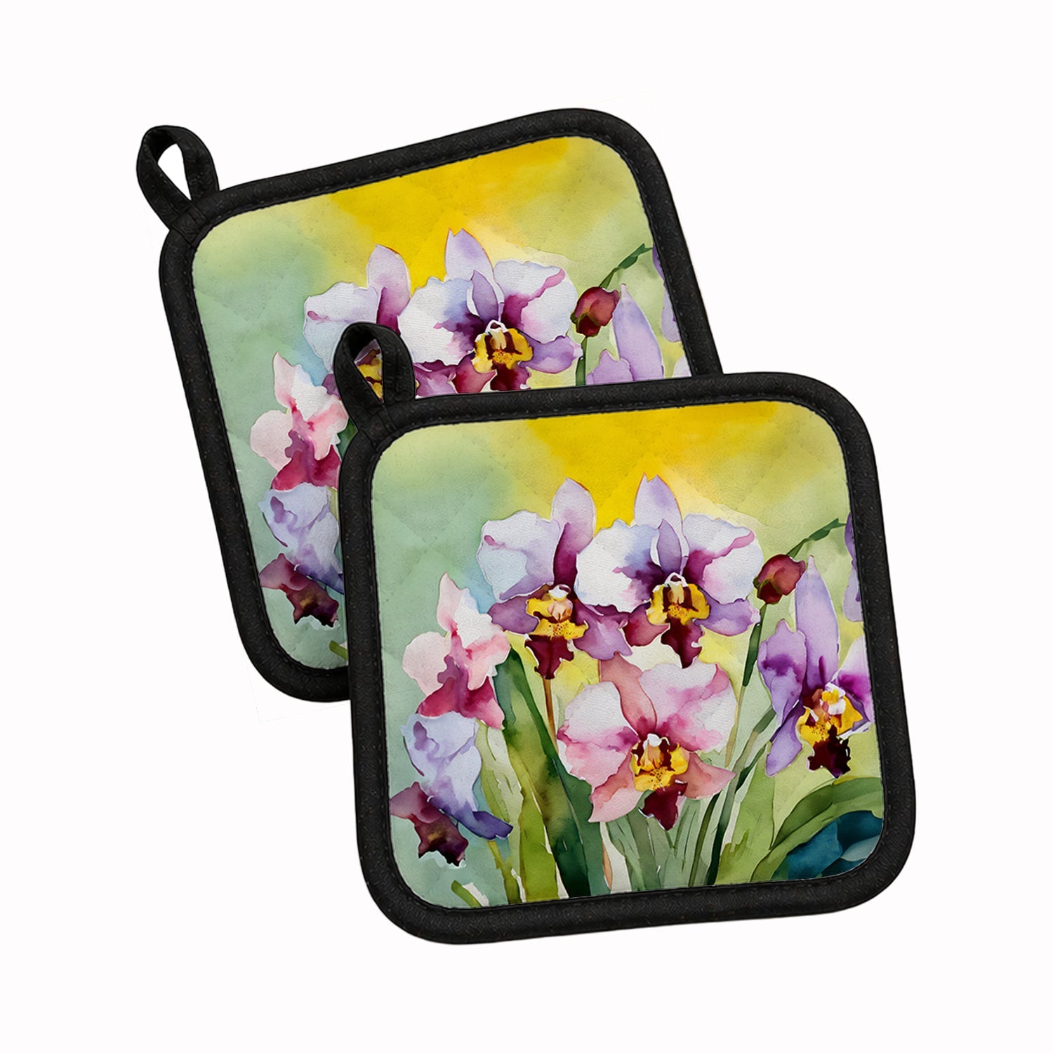 Orchids in Watercolor Pot Holder Set of 2 Heat Resistant Quilted Hot Pads 7.5 x 7.5 Inch, Insulated Kitchen Trivets for Cooking & Baking