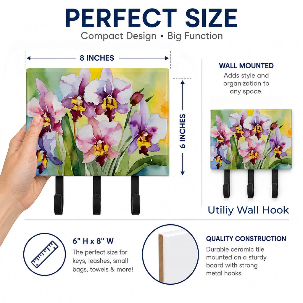 Orchids in Watercolor Leash or Key Holder Wall Hooks, Coat Rack Wall Mount, for Hanging Keys, Towels, Aprons, Leashes