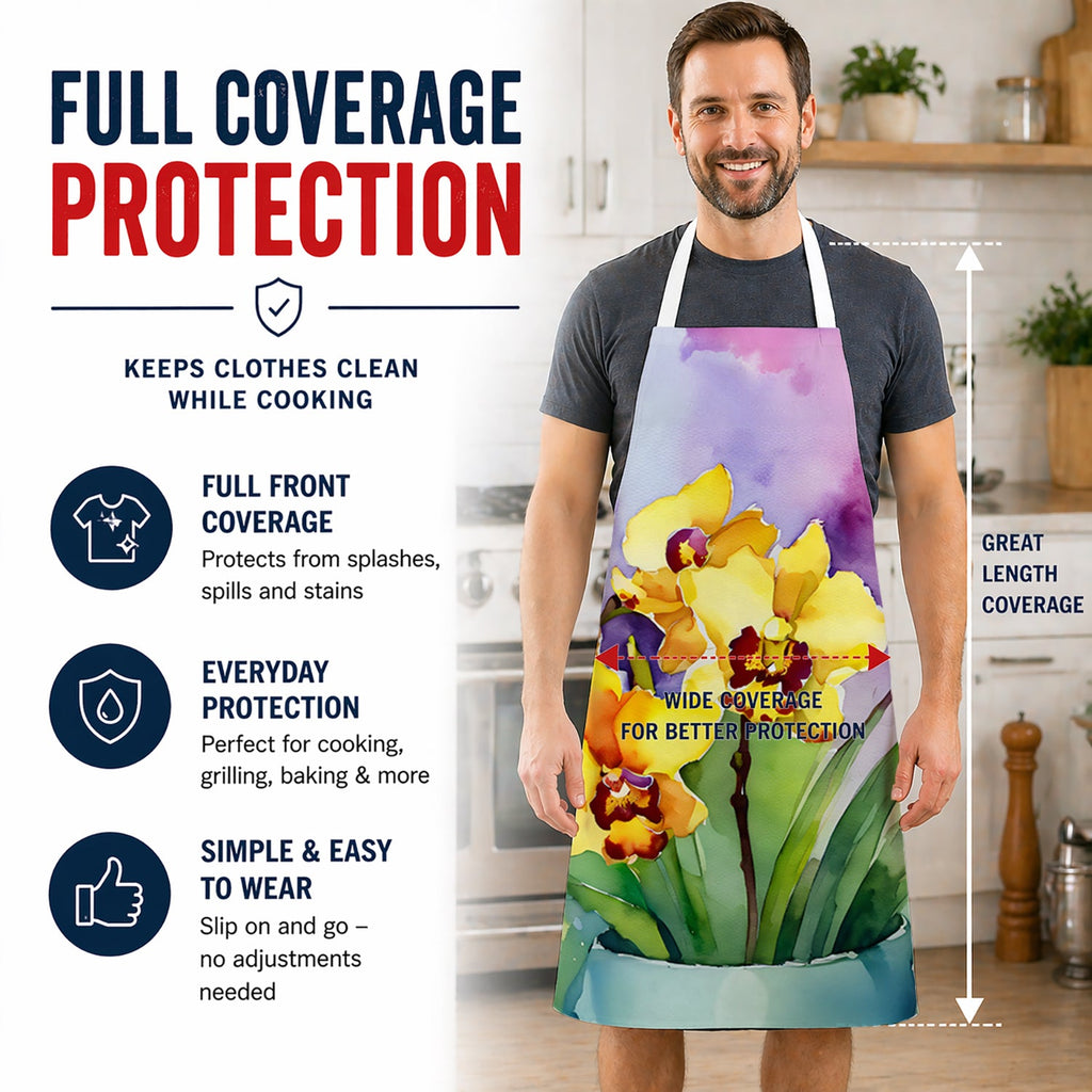 Orchids in Watercolor Apron Cooking Kitchen Server Baking Crafts Gardening for Adult Women Men, Unisex, Large, Multicolor