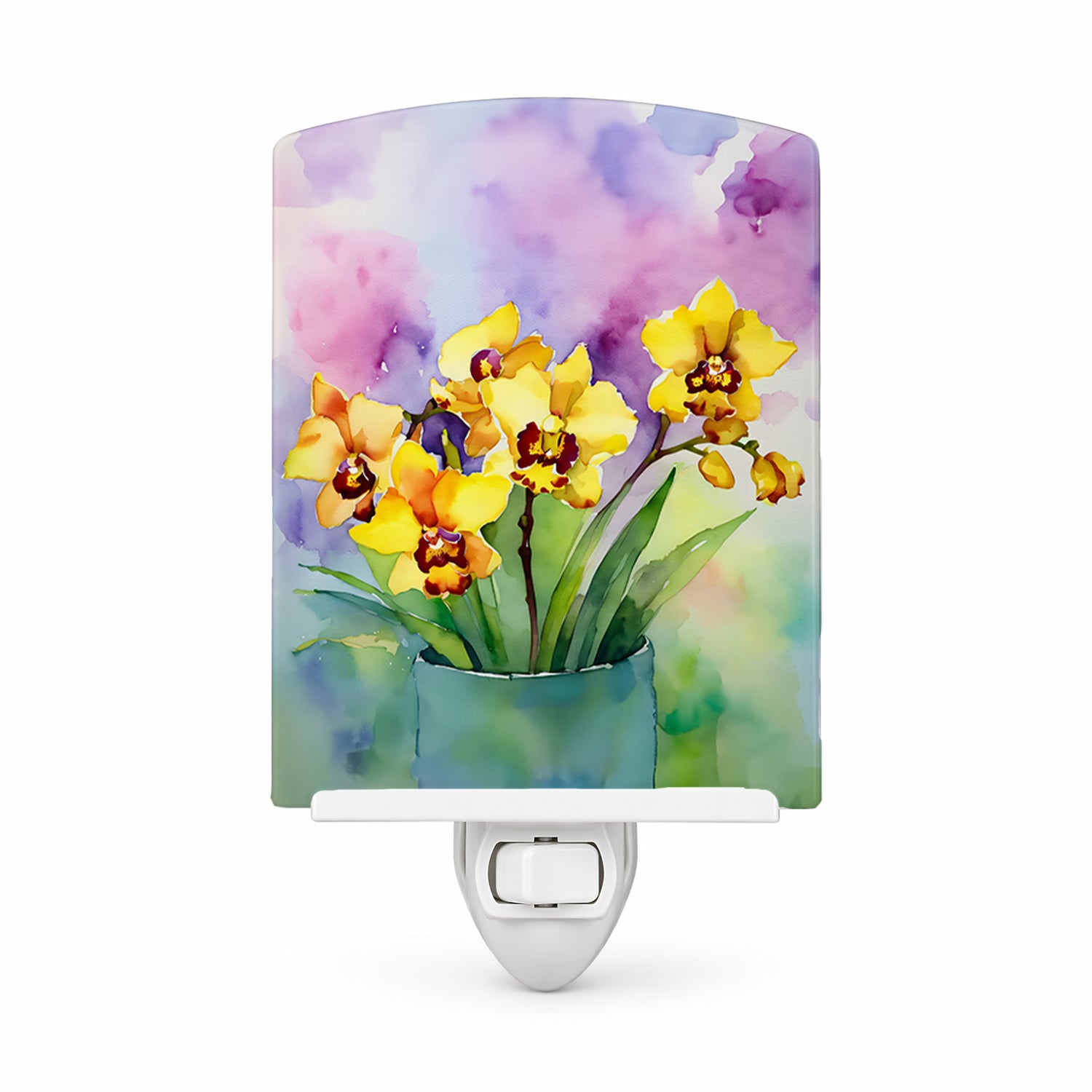 Orchids in Watercolor Ceramic Night Light Compact, UL-Certified, Ideal for Bedroom, Bathroom, Nursery, Hallway, Kitchen, 6x4x3, Multicolor