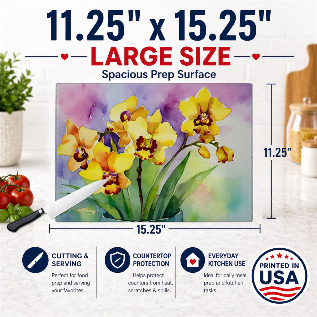 Orchids in Watercolor Cutting Board Tempered Glass Kitchen Cutting Surface, Heat Resistant Chopping, Non-Slip Feet, Food Prep & Serving
