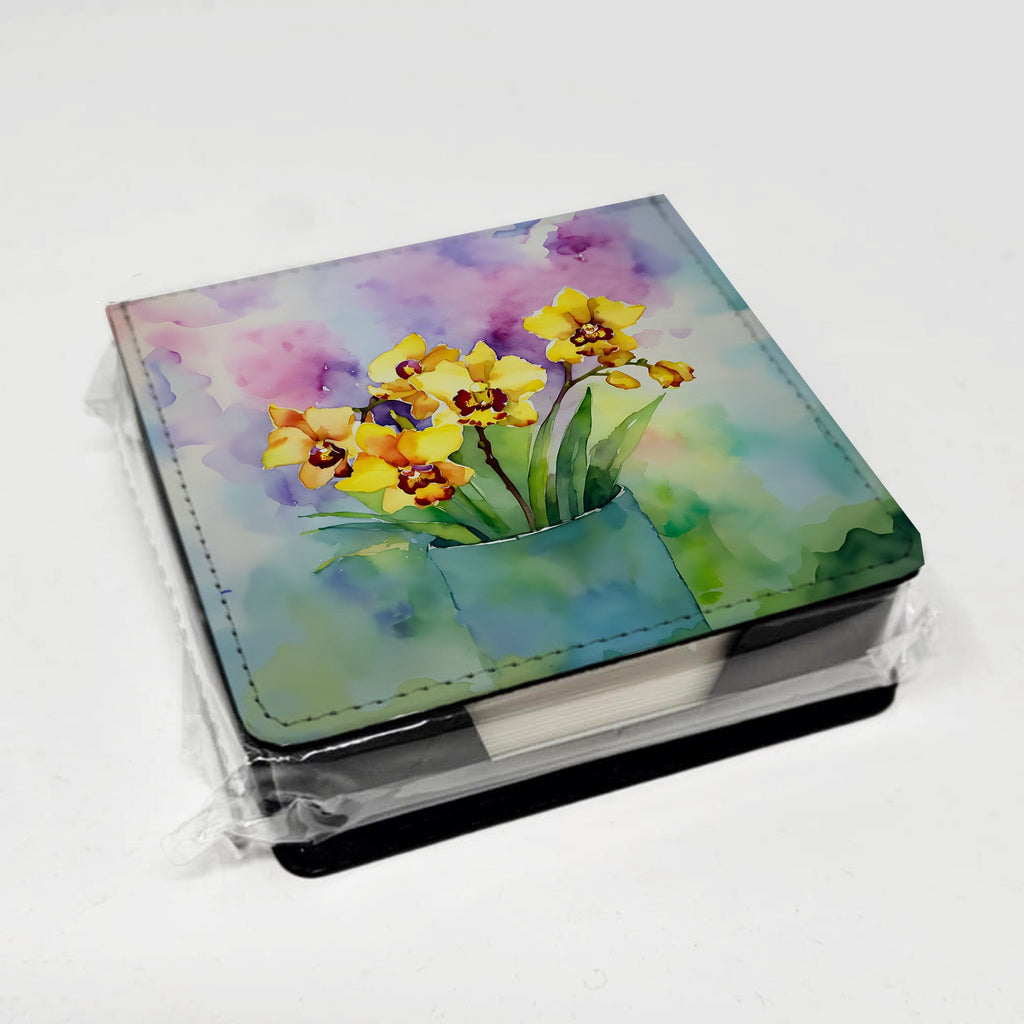 Orchids in Watercolor PU Leather Note Paper Holder with Artist-Designed Cover, Desk Accessory, Office Gift