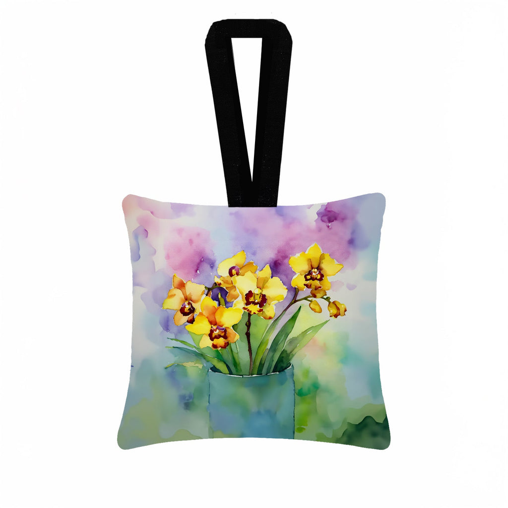 Orchids in Watercolor Hanging Square Fabric Ornament 3.5 × 3.5 Decorative Door-Knob & Tree Hanger, Soft Fabric