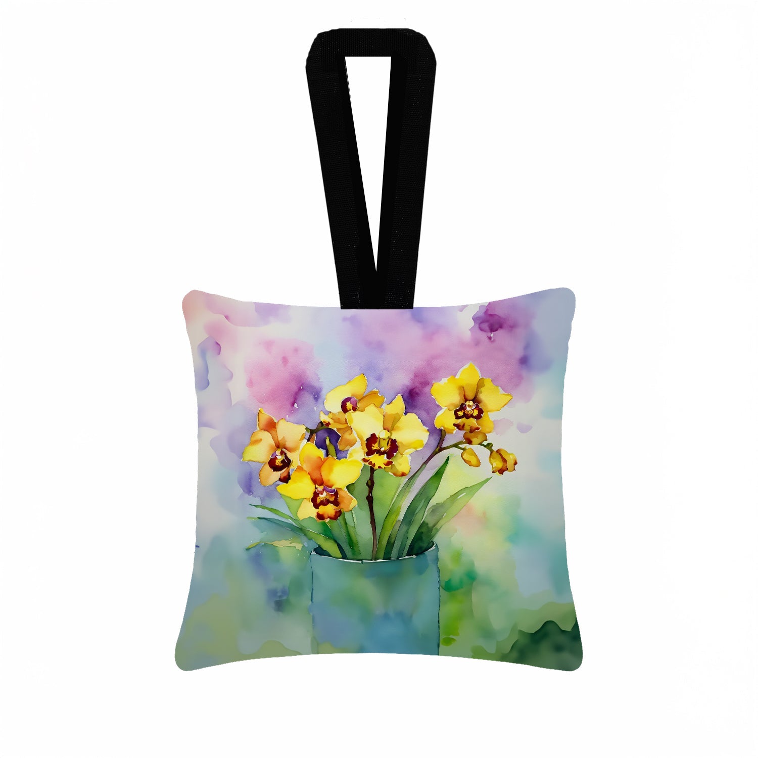 Orchids in Watercolor Hanging Square Fabric Ornament 3.5 × 3.5 Decorative Door-Knob & Tree Hanger, Soft Fabric