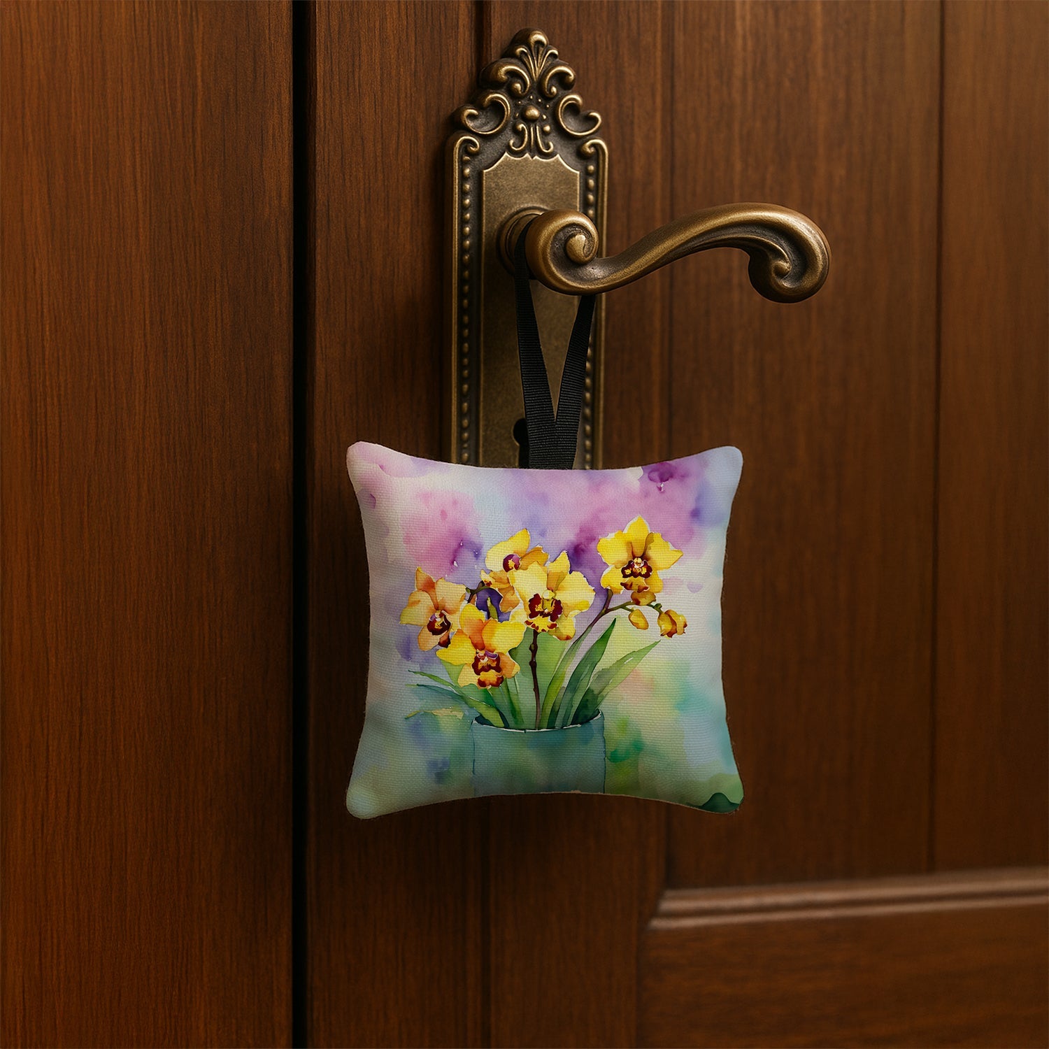 Orchids in Watercolor Hanging Square Fabric Ornament 3.5 × 3.5 Decorative Door-Knob & Tree Hanger, Soft Fabric