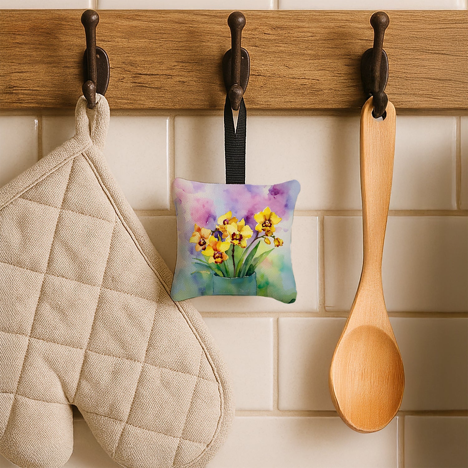 Orchids in Watercolor Hanging Square Fabric Ornament 3.5 × 3.5 Decorative Door-Knob & Tree Hanger, Soft Fabric