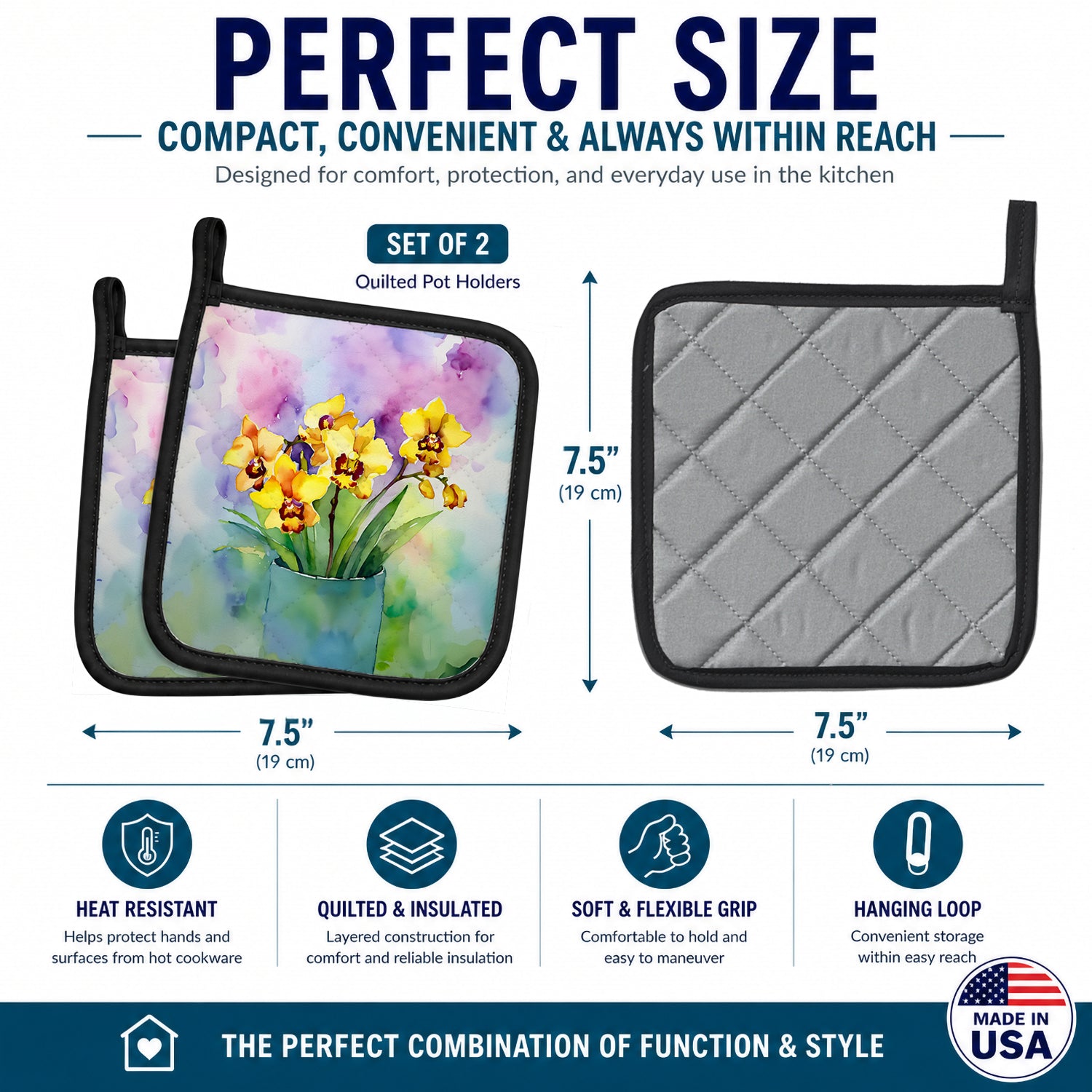 Orchids in Watercolor Pot Holder Set of 2 Heat Resistant Quilted Hot Pads 7.5 x 7.5 Inch, Insulated Kitchen Trivets for Cooking & Baking